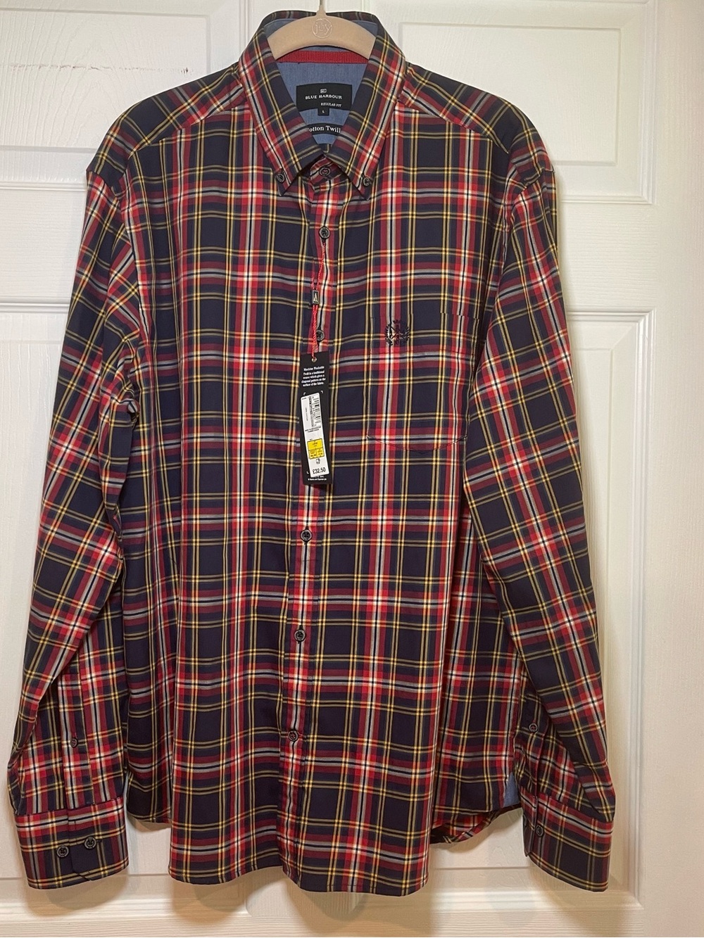 NWT Blue Harbour Marks & Spencer Mens Large Cotton Twill Plaid Shirt L LS Button